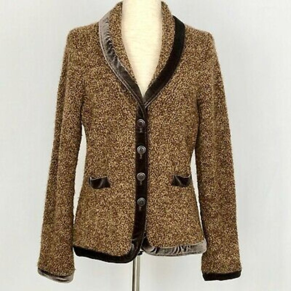 Anthro HWR Monogram Velvet Trim Brown Cardigan